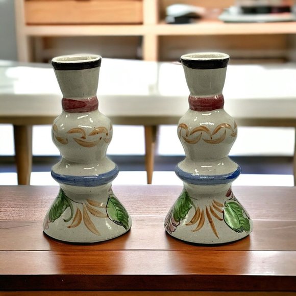 VTG Set 2 Mexican Hand Painted In A Floral Pattern Candlesticks. Signed Mexico - Picture 2 of 4